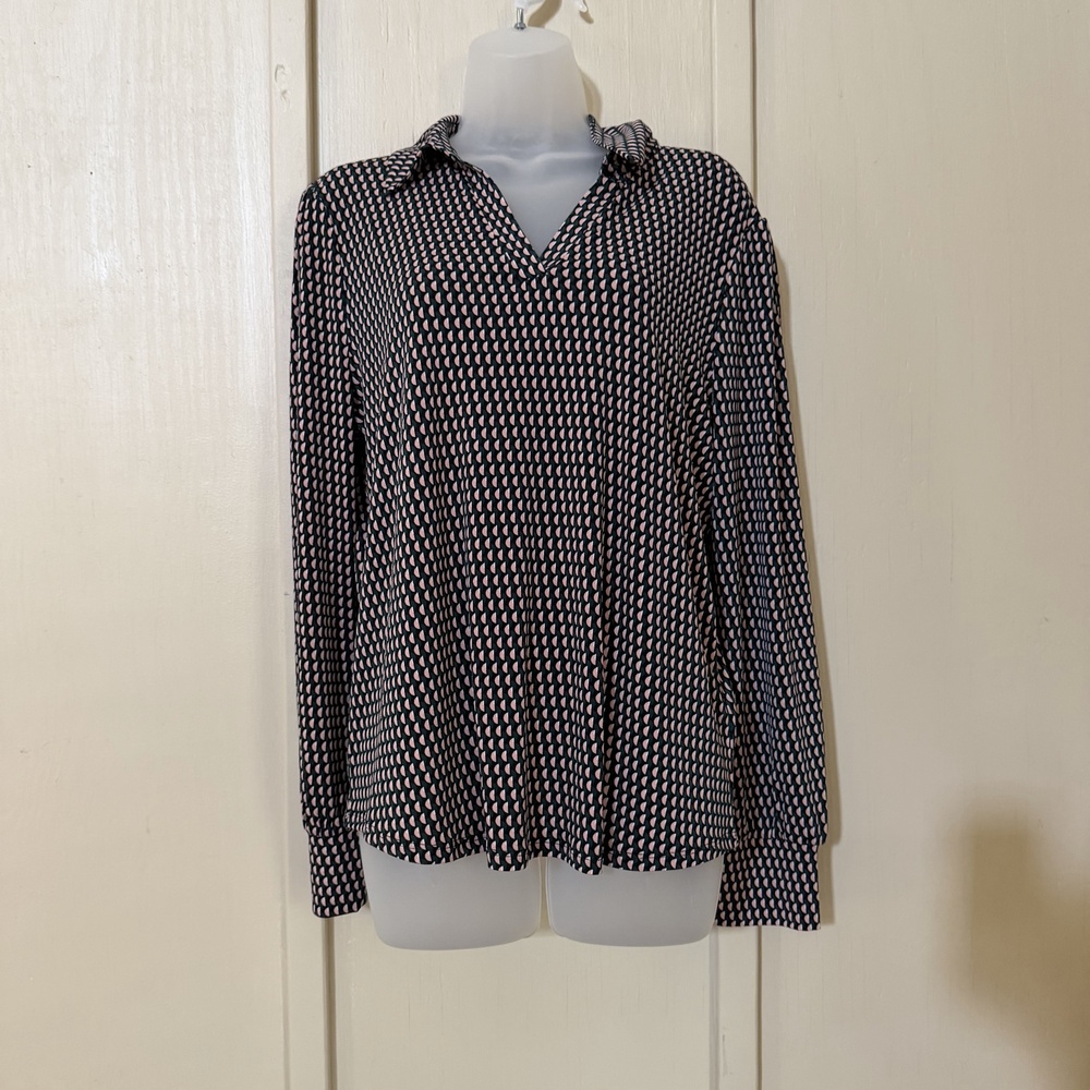 NWT Blouse Womens XL Black Geometric Print Collared Long Sleeve Pullover Top